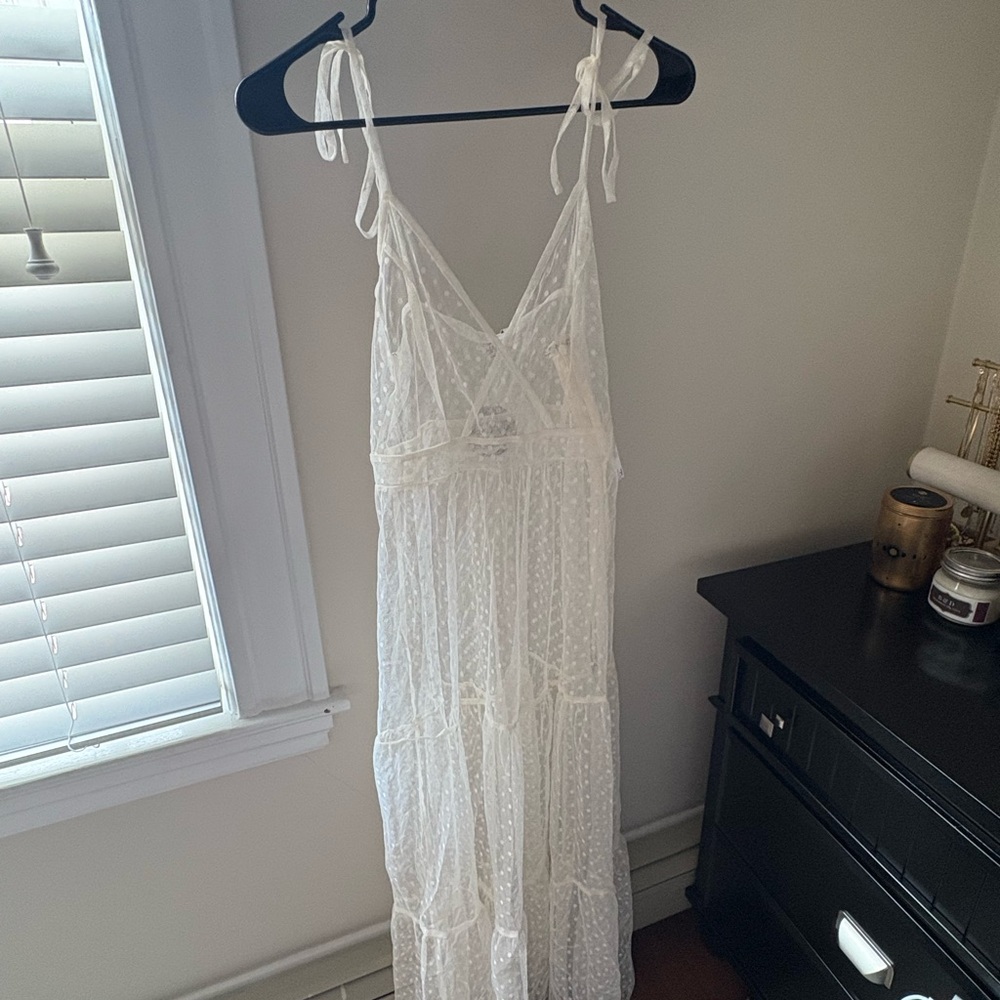 Lulu's Ivory Sheer Swim Cover Up Maxi Dress with Polka Dot Details